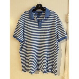 Tommy Hilfiger Polo Shirt XXL Classic Fit Blue White Striped Short Sleeve Cotton